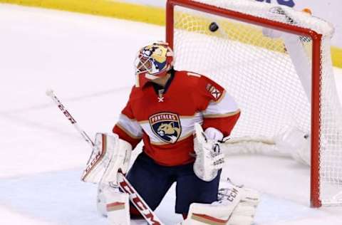 Nov 22, 2016; Sunrise, FL, USA; Florida Panthers goalie Roberto Luongo (1) gives up a goal to Philadelphia Flyers right wing Wayne Simmonds (not pictured) in the first period at BB&T Center. Mandatory Credit: Robert Mayer-USA TODAY Sports