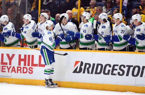 NHL Power Rankings: Vancouver Canucks center Markus Granlund (60) is congratulated by teammates after a goal during the first period against the Nashville Predators at Bridgestone Arena. Mandatory Credit: Christopher Hanewinckel-USA TODAY Sports