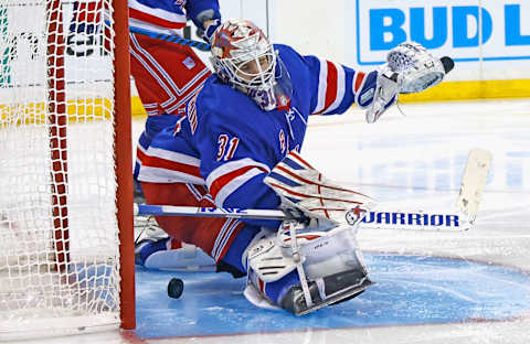 NEW YORK, NEW YORK – OCTOBER 05: Igor Shesterkin #31 of the New York Rangers skates against the Boston Bruins at Madison Square Garden on October 05, 2023, in New York City. (Photo by Bruce Bennett/Getty Images)