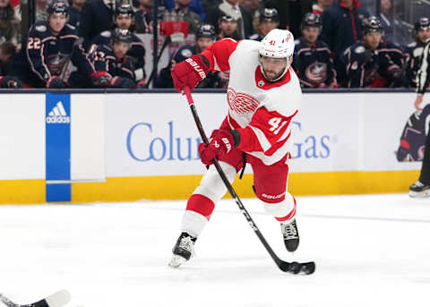 Shayne Gostisbehere #41 of the Detroit Red Wings (Photo by Jason Mowry/Getty Images)