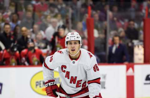 OTTAWA, ON – NOVEMBER 09: Carolina Hurricanes Right Wing Teuvo Teravainen (86) skates during the first period of the NHL game between the Ottawa Senators and the Carolina hurricanes on Nov. 9, 2019 at the Canadian Tire Centre in Ottawa, Ontario, Canada. (Photo by Steven Kingsman/Icon Sportswire via Getty Images)