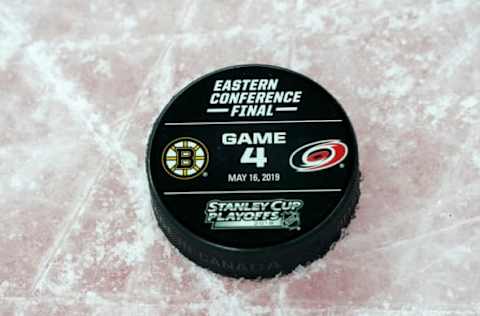 RALEIGH, NC – MAY 16: A puck from Game Four of the Eastern Conference Finals between the Carolina Hurricanes and the Boston Bruins is photographed in during the 2019 NHL Stanley Cup Playoffs on May 16, 2019 at PNC Arena in Raleigh, North Carolina. (Photo by Gregg Forwerck/NHLI via Getty Images)