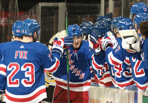 Feb 26, 2021; New York, New York, USA; Rangers celebrates his first goal as a Ranger during the third period against the Boston Bruins at Madison Square Garden. Mandatory Credit: POOL PHOTOS-USA TODAY Sports