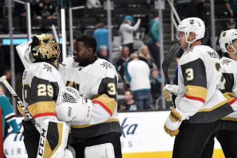 SAN JOSE, CA – OCTOBER 04: The Vegas Golden Knights celebrate the win against the San Jose Sharks at SAP Center on October 4, 2019 in San Jose, California. (Photo by Brandon Magnus/NHLI via Getty Images)