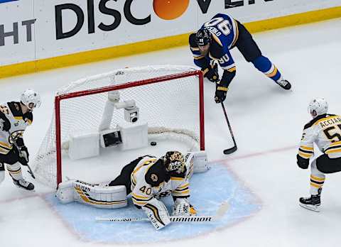 ST. LOUIS, MO – JUNE 3: Ryan O’Reilly #90 of the St. Louis Blues scores a goal against Tuukka Rask #40 of the Boston Bruins in Game Four of the 2019 NHL Stanley Cup Final at Enterprise Center on June 3, 2019 in St. Louis, Missouri. (Photo by Scott Rovak/NHLI via Getty Images)