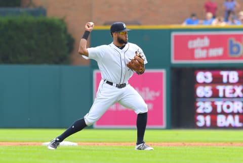 DETROIT, MI – SEPTEMBER 19: Dawel Luggo #18 of the Detroit Tigers throws a baseball during the game against the Minnesota Twins at Comerica Park on September 19, 2018 in Detroit, Michigan. The Twins defeated the Tigers 8-2. (Photo by Mark Cunningham/MLB Photos via Getty Images)