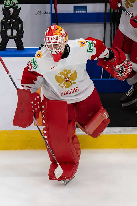 EDMONTON, AB – DECEMBER 27: Goaltender Artur Akhtyamov #29 of Russia   (Photo by Codie McLachlan/Getty Images)