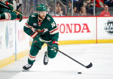 ST. PAUL, MN – MARCH 25: Jason Zucker #16 of the Minnesota Wild (Photo by Bruce Kluckhohn/NHLI via Getty Images)