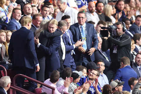 VANCOUVER, BC – JUNE 21: Kaapo Kakko hugs family and friends after being selected as the number two pick by the New York Rangers during Round One of the 2019 NHL Draft at Rogers Arena on June 21, 2019 in Vancouver, Canada. (Photo by Devin Manky/Icon Sportswire via Getty Images)