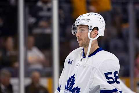 NASHVILLE, TN – MARCH 26: Michael Bunting #58 of the Toronto Maple Leafs   (Photo by Brett Carlsen/Getty Images)