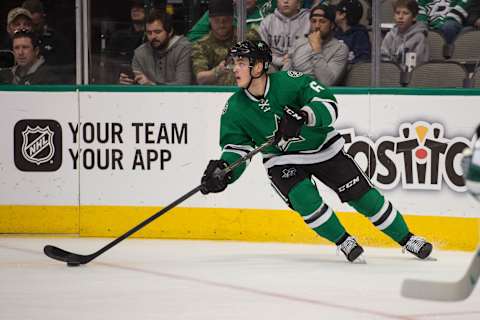 Jan 31, 2017; Dallas, TX, USA; Dallas Stars defenseman Julius Honka (6) skates against the Toronto Maple Leafs during the game at the American Airlines Center. The Stars defeat the Maple Leafs 6-3. Mandatory Credit: Jerome Miron-USA TODAY Sports