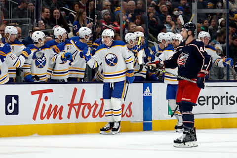 COLUMBUS, OH – DECEMBER 07: Tage Thompson #72 of the Buffalo Sabres is congratulated by his teammates after scoring his fifth goal of the game against the Columbus Blue Jackets during the second period at Nationwide Arena on December 7, 2022 in Columbus, Ohio. (Photo by Kirk Irwin/Getty Images)