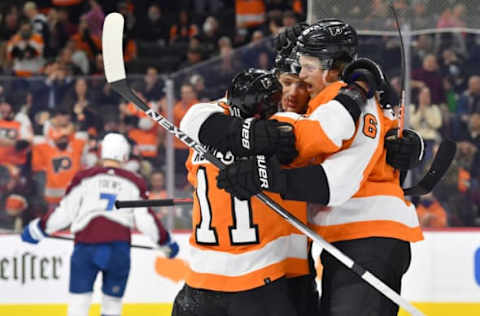 Oskar Lindblom, Travis Konecny, and Travis Sanheim, Philadelphia Flyers (Mandatory Credit: Eric Hartline-USA TODAY Sports