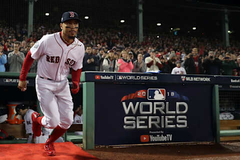 BOSTON, MA – OCTOBER 23: Moookie Betts #50 of the Boston Red Sox takes the field during player introductions prior to Game 1 of the 2018 World Series against the Los Angeles Dodgers at Fenway Park on Tuesday, October 23, 2018 in Boston, Massachusetts. (Photo by Rob Tringali/MLB Photos via Getty Images)