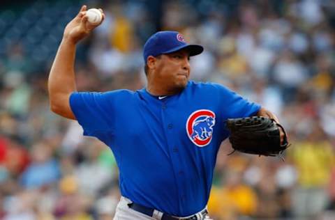 PITTSBURGH – AUGUST 01: Carlos Zambrano #38 of the Chicago Cubs pitches against the Pittsburgh Pirates during the game on August 1, 2011 at PNC Park in Pittsburgh, Pennsylvania. (Photo by Jared Wickerham/Getty Images)