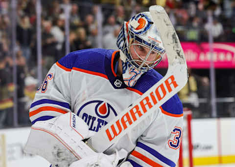 LAS VEGAS, NEVADA – MAY 12: Jack Campbell #36 of the Edmonton Oilers takes a break during a stop in play in the second period of Game Five of the Second Round of the 2023 Stanley Cup Playoffs against the Vegas Golden Knights at T-Mobile Arena on May 12, 2023 in Las Vegas, Nevada. The Golden Knights defeated the Oilers 4-3. (Photo by Ethan Miller/Getty Images)