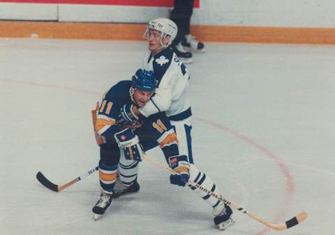 CANADA – NOVEMBER 19: Thou shalt not pass: Brian Sutter of St. Louis Blues and Leafs’ Borje Salming take the roles of irresistible force and immovable object in last night’s game at the Gardens; first of a pair of home-and-home games. Both teams scored in the first minute or so; but it was Blues; last in the Norris Division; who prevailed 6-3 over Leafs. (Photo by Colin McConnell/Toronto Star via Getty Images)