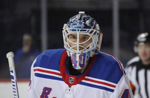 NEW YORK, NEW YORK – JANUARY 12: Alexandar Georgiev #40 of the New York Rangers skates against the New York Islanders at the Barclays Center on January 12, 2019 in the Brooklyn borough of New York City. The Rangers defeated the Islanders 3-2. (Photo by Bruce Bennett/Getty Images)