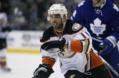 Mar 24, 2016; Toronto, Ontario, CAN; Anaheim Ducks forward Brandon Pirri (11) skates against the Toronto Maple Leafs at the Air Canada Centre. Toronto defeated Anaheim 6-5 in overtime. Mandatory Credit: John E. Sokolowski-USA TODAY Sports