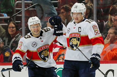 PHILADELPHIA, PA – OCTOBER 16: Aleksander Barkov #16 of the Florida Panthers celebrates his game-tying third period goal against the Philadelphia Flyers with Evgenii Dadonov #63 on October 16, 2018 at the Wells Fargo Center in Philadelphia, Pennsylvania. The goal was Barkov’s second of the game. (Photo by Len Redkoles/NHLI via Getty Images)