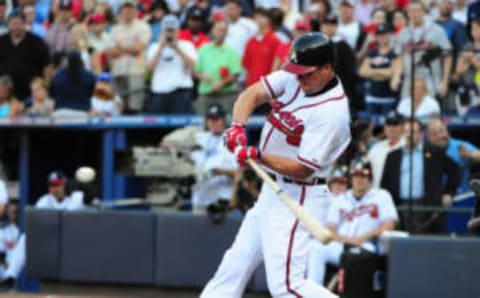 ATLANTA, GA – OCTOBER 5: Chipper Jones #10 of the Atlanta Braves hits against the St. Louis Cardinals during the National League Wild Card Game at Turner Field on October 5, 2012 in Atlanta, Georgia. (Photo by Scott Cunningham/Getty Images)