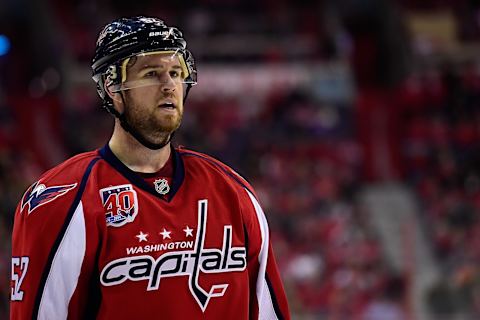 WASHINGTON, DC – FEBRUARY 08: Mike Green #52 of the Washington Capitals reacts between plays in the third period during an NHL game against the Philadelphia Flyers at Verizon Center on February 8, 2015 in Washington, DC. (Photo by Patrick McDermott/NHLI via Getty Images)