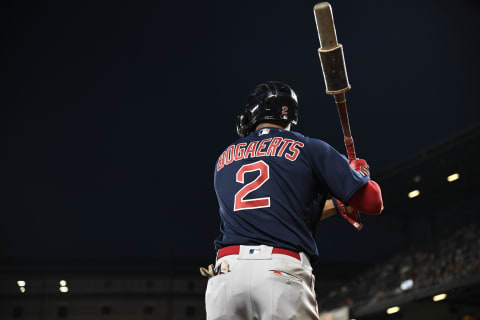 Sep 10, 2022; Baltimore, Maryland, USA; Boston Red Sox shortstop Xander Bogaerts (2) stands in the on deck circle during the eighth inning against the Baltimore Orioles at Oriole Park at Camden Yards. Mandatory Credit: James A. Pittman-USA TODAY Sports