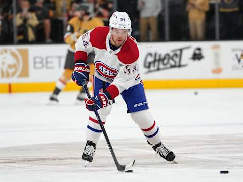 Mar 5, 2023; Las Vegas, Nevada, USA; Montreal Canadiens defenseman Jordan Harris. Mandatory Credit: Stephen R. Sylvanie-USA TODAY Sports