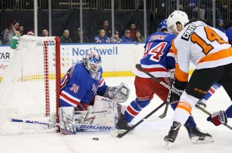 NEW YORK, NY – DECEMBER 23: Henrik Lundqvist #30 of the New York Rangers makes a save against the Philadelphia Flyers at Madison Square Garden on December 23, 2018 in New York City. (Photo by Jared Silber/NHLI via Getty Images)