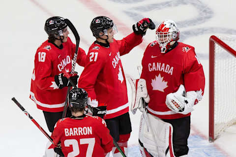 Goaltender Devon Levi #1 of Canada. (Photo by Codie McLachlan/Getty Images)