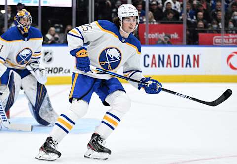 Apr 12, 2022; Toronto, Ontario, CAN; Buffalo Sabres defenseman Owen Power (25) pursues the play against the Toronto Maple Leafs in the first period at Scotiabank Arena. Mandatory Credit: Dan Hamilton-USA TODAY Sports