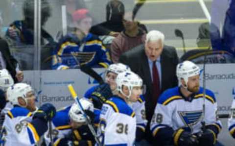 Mar 22, 2016; San Jose, CA, USA; St. Louis Blues head coach Ken Hitchcock talks to his team in the game against the San Jose Sharks in the 3rd period at SAP Center at San Jose. Mandatory Credit: John Hefti-USA TODAY Sports The Blues won 1-0.