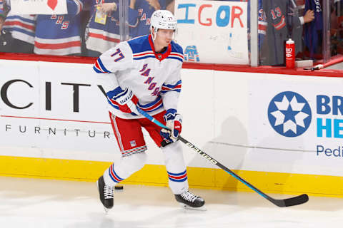 SUNRISE, FL – MARCH 25: Niko Mikkola #77 of the New York Rangers skates with the puck prior to the game against the Florida Panthers at the FLA Live Arena on March 25, 2023, in Sunrise, Florida. (Photo by Joel Auerbach/Getty Images)