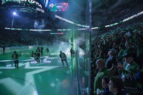 Apr 16, 2016; Dallas, TX, USA; The Dallas Stars take the ice to face the Minnesota Wild during the first period of game two of the first round of the 2016 Stanley Cup Playoffs at the American Airlines Center. Mandatory Credit: Jerome Miron-USA TODAY Sports