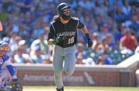 Jun 10, 2017; Chicago, IL, USA; Colorado Rockies center fielder Charlie Blackmon (19) watches his home run during the seventh inning against the Chicago Cubs at Wrigley Field. Mandatory Credit: Dennis Wierzbicki-USA TODAY Sports