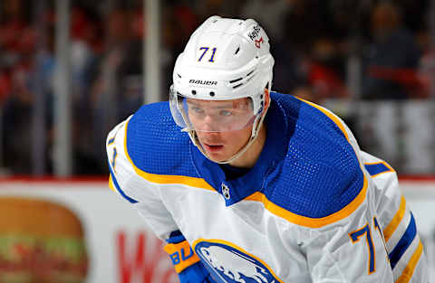 NEWARK, NEW JERSEY – OCTOBER 23: Victor Olofsson #71 of the Buffalo Sabres in action against the New Jersey Devils at Prudential Center on October 23, 2021 in Newark, New Jersey. The Devils defeated the Sabres 2-1 in overtime. (Photo by Jim McIsaac/Getty Images)