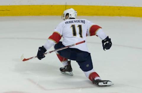 NHL Power Rankings: Florida Panthers left wing Jonathan Huberdeau (11) celebrates after scoring the winning goal during overtime against the San Jose Sharks at SAP Center at San Jose the Panthers win 6 to 5. Mandatory Credit: Neville E. Guard-USA TODAY Sports