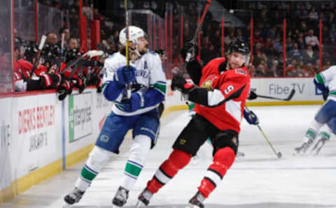 OTTAWA, ON – JANUARY 2: Bobby Ryan #9 of the Ottawa Senators skates against Christopher Tanev #8 of the Vancouver Canucks at Canadian Tire Centre on January 2, 2019 in Ottawa, Ontario, Canada. (Photo by Jana Chytilova/Freestyle Photography/Getty Images)