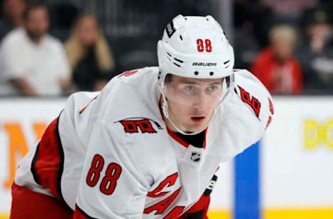 LAS VEGAS, NEVADA – NOVEMBER 16: Martin Necas #88 of the Carolina Hurricanes waits for a faceoff in the third period of a game against the Vegas Golden Knights at T-Mobile Arena on November 16, 2021, in Las Vegas, Nevada. The Hurricanes defeated the Golden Knights 4-2. (Photo by Ethan Miller/Getty Images)