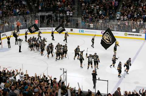 LAS VEGAS, NEVADA – MARCH 31: Fans and Vegas Golden Knights players celebrate after defeating the San Jose Sharks 3-2 in a regular season game Saturday, March 31, 2018, in Las Vegas, Nevada. (Photo by Marc Sanchez/Icon Sportswire via Getty Images)