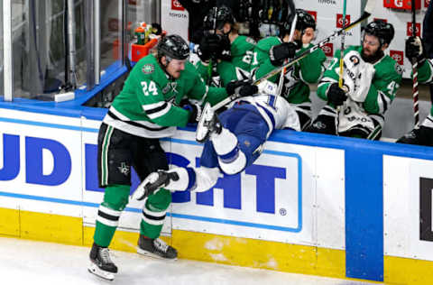 EDMONTON, ALBERTA – SEPTEMBER 23: Roope Hintz #24 of the Dallas Stars checks Anthony Cirelli #71 of the Tampa Bay Lightning into the bench during the second period in Game Three of the 2020 NHL Stanley Cup Final at Rogers Place on September 23, 2020 in Edmonton, Alberta, Canada. (Photo by Bruce Bennett/Getty Images)