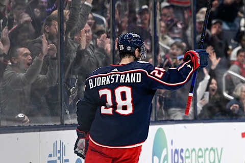 Apr 24, 2022; Columbus, Ohio, USA; Columbus Blue Jackets right wing Oliver Bjorkstrand (28) celebrates after scoring the go-ahead goal against the Edmonton Oilers in the third period at Nationwide Arena. Mandatory Credit: Gaelen Morse-USA TODAY Sports