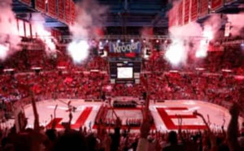 Apr 9, 2017; Detroit, MI, USA; Detroit Red Wings fans along with past and present players and coaches and VIP raise their sticks and say farewell after the game against the New Jersey Devils at Joe Louis Arena. The Red Wings won 4-1 in their last game at the Joe. Mandatory Credit: Raj Mehta-USA TODAY Sports