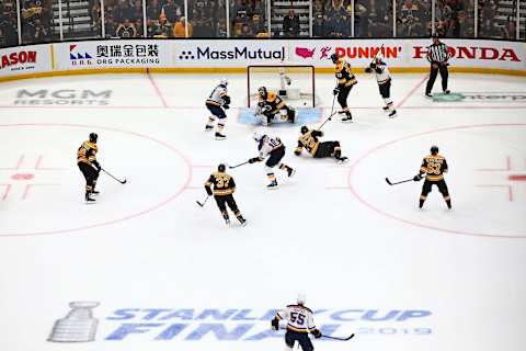 BOSTON, MASSACHUSETTS – MAY 27: Brayden Schenn #10 of the St. Louis Blues scores a first period goal past Tuukka Rask #40 of the Boston Bruins in Game One of the 2019 NHL Stanley Cup Final at TD Garden on May 27, 2019 in Boston, Massachusetts. (Photo by Adam Glanzman/Getty Images)