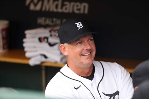 Manager AJ Hinch in the dugout before the Detroit Tigers played on Opening Day vs. the Chicago White Sox, Friday, April 8, 2022, at Comerica Park.