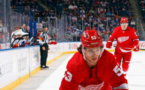 ELMONT, NEW YORK – OCTOBER 30: Moritz Seider #53 of the Detroit Red Wings skates against the New York Islanders at UBS Arena on October 30, 2023 in Elmont, New York. (Photo by Bruce Bennett/Getty Images)