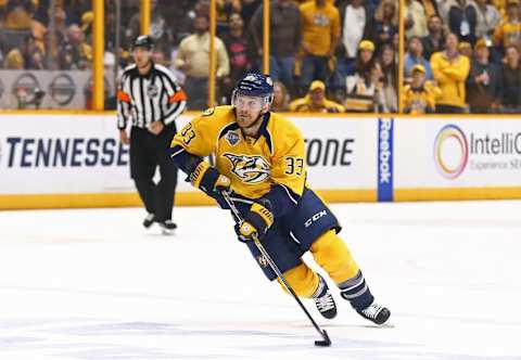 May 9, 2016; Nashville, TN, USA; Nashville Predators center Colin Wilson (33) against the San Jose Sharks in game six of the second round of the 2016 Stanley Cup Playoffs at Bridgestone Arena. The Predators won 4-3. Mandatory Credit: Aaron Doster-USA TODAY Sports