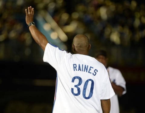 Apr 1, 2016; Montreal, Quebec, CAN; Former Montreal Expos player Tim Raines salutes the crowd during a ceremony before the game between the Boston Red Sox and the Toronto Blue Jays at Olympic Stadium. Mandatory Credit: Eric Bolte-USA TODAY Sports