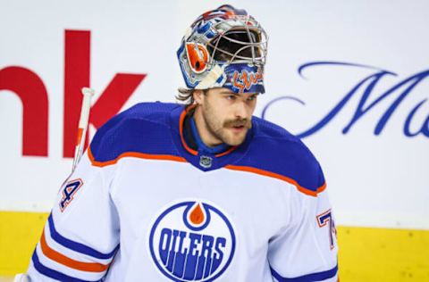 Dec 27, 2022; Calgary, Alberta, CAN; Edmonton Oilers goaltender Stuart Skinner (74) skates during the warmup period against the Calgary Flames at Scotiabank Saddledome. Mandatory Credit: Sergei Belski-USA TODAY Sports