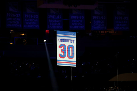 Jan 28, 2022; New York, New York, USA; The banner for New York Rangers former goalie Henrik Lundqvist is raised to the ceiling during a ceremony to retire his number before a game against the Minnesota Wild at Madison Square Garden. Mandatory Credit: Brad Penner-USA TODAY Sports